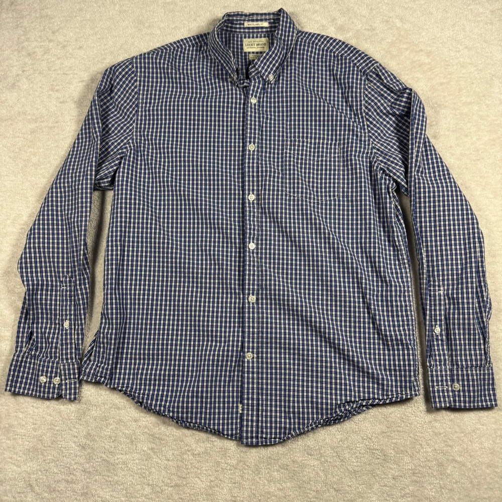 Lucky Brand Mens White Label Fit Blue Gingham Button Down Shirt Large L